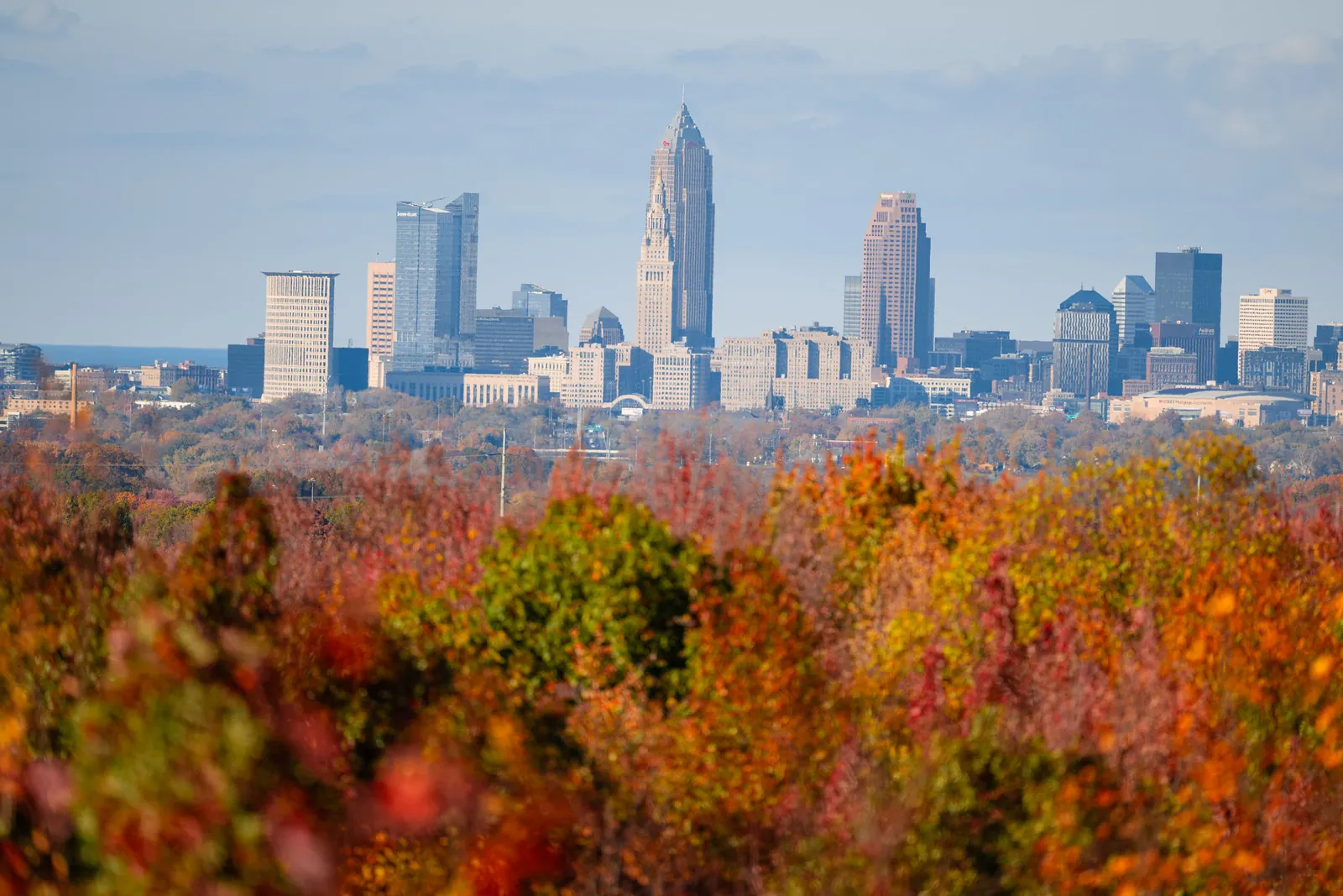 Autumn trees in red, orange and green at West Creek Reservation, with the downtown Cleveland skyline on the horizon
